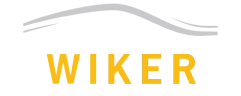 Das Logo von Autohaus Wiker mit stilisierter grauer Autolinie und gelber Schrift.